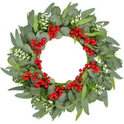 24 Inch Christmas Wreath Decor for Front Door Large Artificial Holiday Wreath Eucalyptus Leaves with Red Berries Wreath for Door House Room Window Holiday Outdoor Indoor Decor